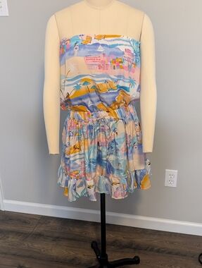 True Destinations Strapless Pastel Beach Print Mini Dress Size Small
